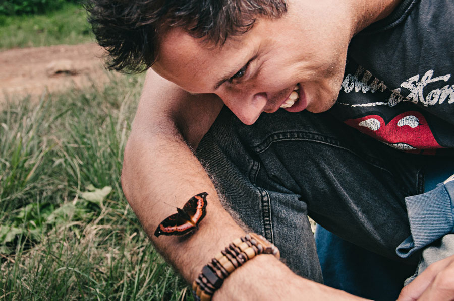 Colorful butterfly resting on a forearm with the Bwindi jungle in the background