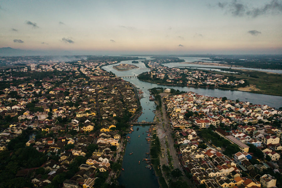 Aerial view of Hoi An, Vietnam at dusk