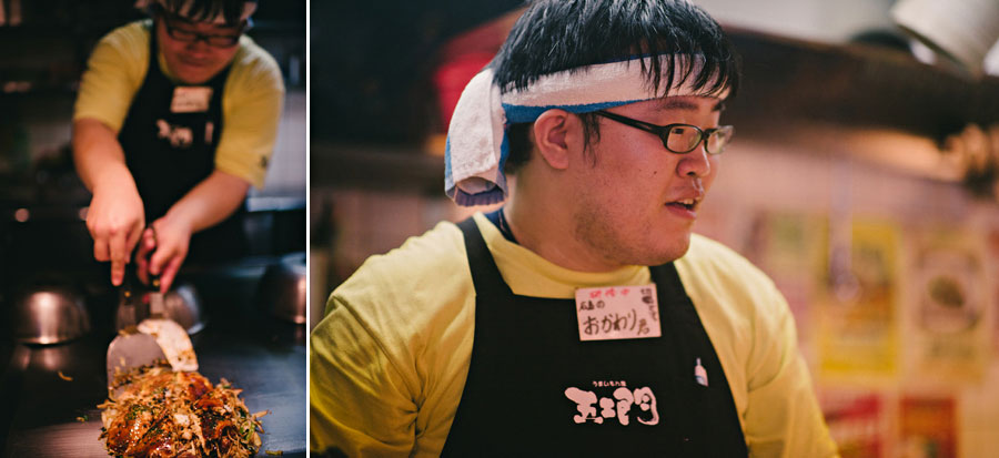 Diptych of a Japanese chef preparing okonomiyaki, grilling on a teppan with headband and apron