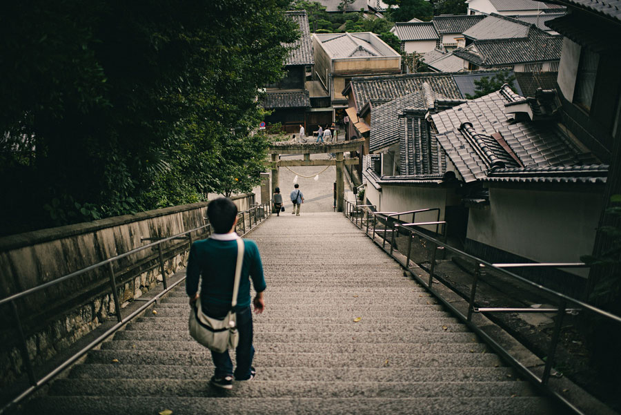 Man walking down stone temple steps toward traditional tiled rooftops in Kyoto